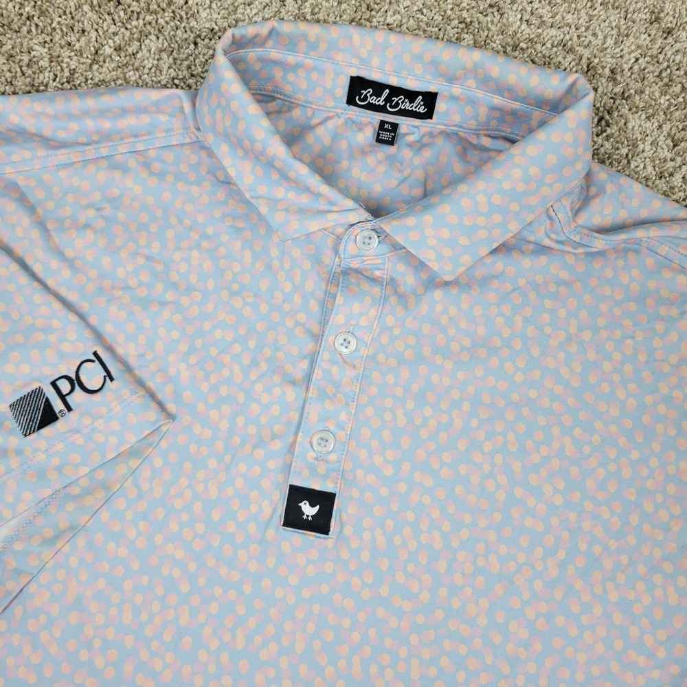 Bad Birdie Mens XL Blue AOP Performance Stretch Golf Polo Short Sleeve